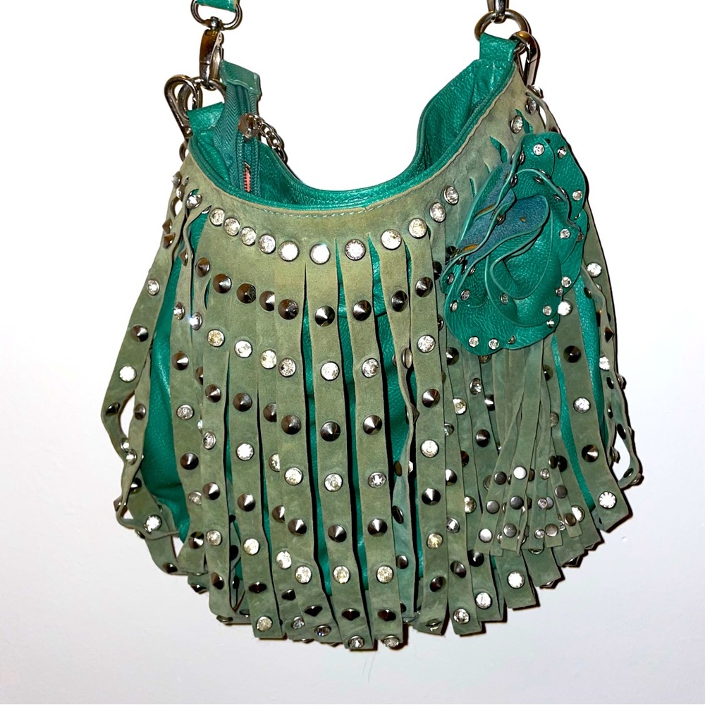 Vintage Y2K Buckle Mint Green Rhinestone Fringe Rose Crossbody Purse